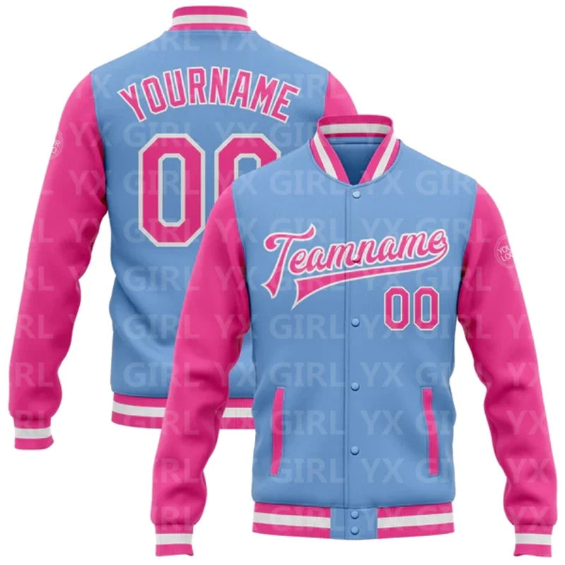 Customized Colorblock Personalized Light Blue w/ Pink/Black/Purple/Yellow 3D Letter Print Team Name Full-Snap Varsity Letterman Printed Baseball Button-Up Bomber Jacket