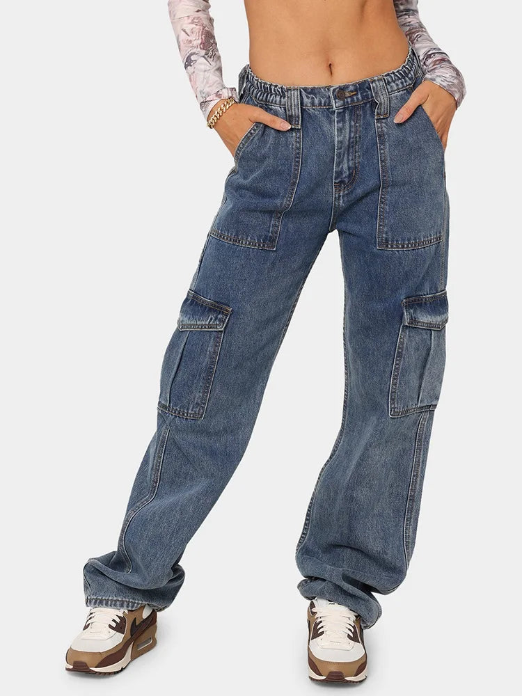 Baggy Women's High Waist Patchwork Pocketed Wide Leg Hip-Hop Streetwear Cargo Jeans