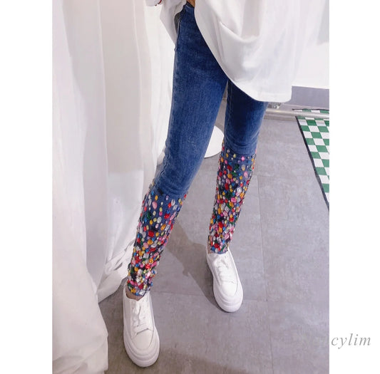 Denim Rainbow Rhinestone Gem Embellished Women's Skinny Jeans