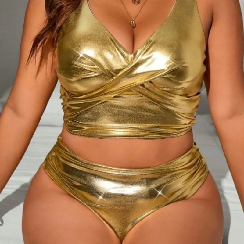 Gold Shiny Metallic Faux Leather Adjustable Strap 2-Piece Bikini Swimsuit to 4X Plus Size