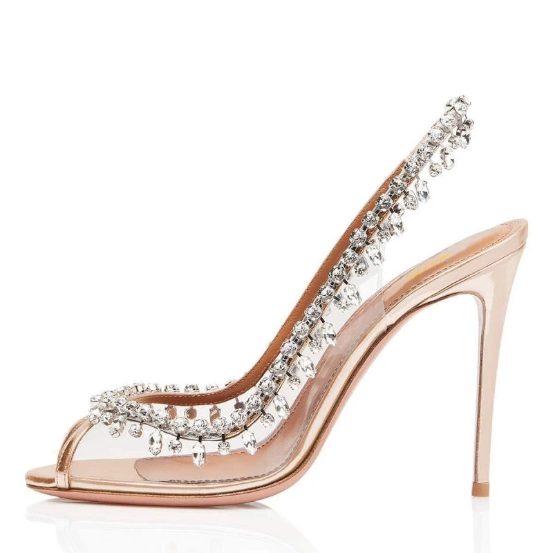 PVC Transparent Rhinestone Chain Detail Fish Mouth Transparent Stiletto Heel Slingback Formal Bridal/Party Pumps