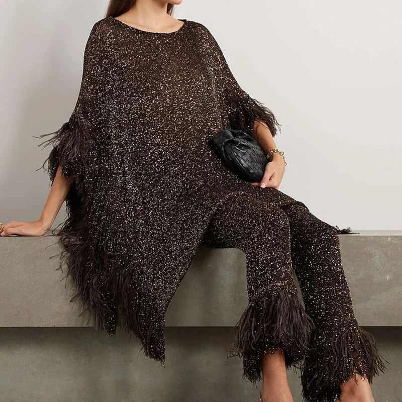 Glitter Silk Feather Batwing Sleeve Women's Top & Matching Pants 2-Piece Set