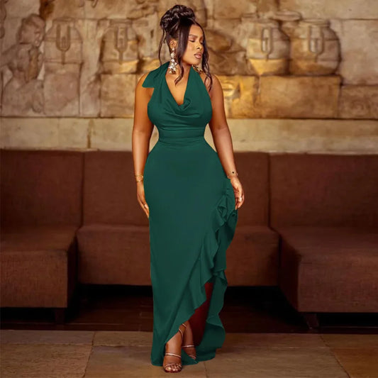 Satin Sleeveless Solid Color Halter Cowl Neck Ruffled High Slit Backless Maxi Party Dress