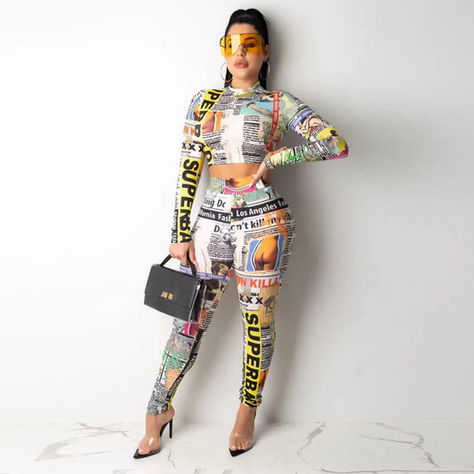 Newspaper Print Women's Long Sleeve Crop Top + Skinny Spandex Leggings 2-Piece Set