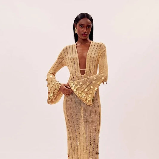 Shiny Gold Sequin Sheer Transparent Knitted Deep V-Neck Long Sleeve Lace-Up High Waist Maxi Dress