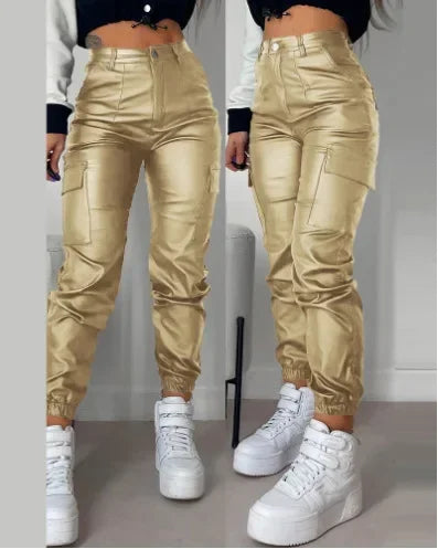 Faux Leather Multi-Pocket Cuffed Solid Color High Waist Women's Button-Fly Skinny Trouser Cargo Pants
