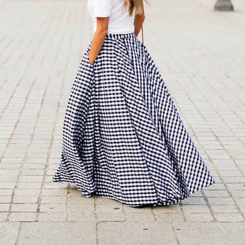 Oversized Checker Plaid Print High Waist Big Swing Wrap Maxi Skirt to 3X Plus Size