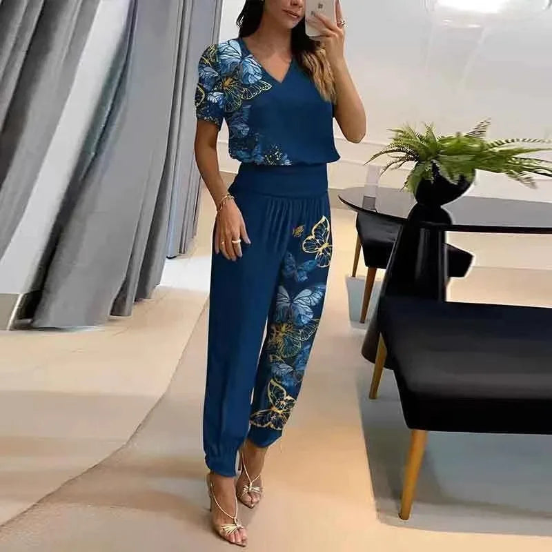 Butterfly/Solid/Geometric/Floral V-Neck Short Sleeve Women's Top & Elastic High Waist Pants 2-Piece Set to 3X Plus Size
