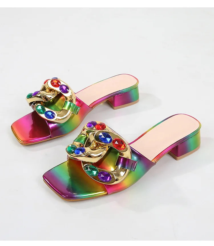 Gold Chain Detail Gradient Ombre Pattern Open Toe Women's Flat Square Heel Sandals