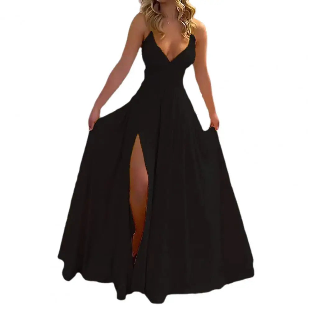 Flared High Slit Solid Color V-Neck Maxi Party/Prom Formal Dress