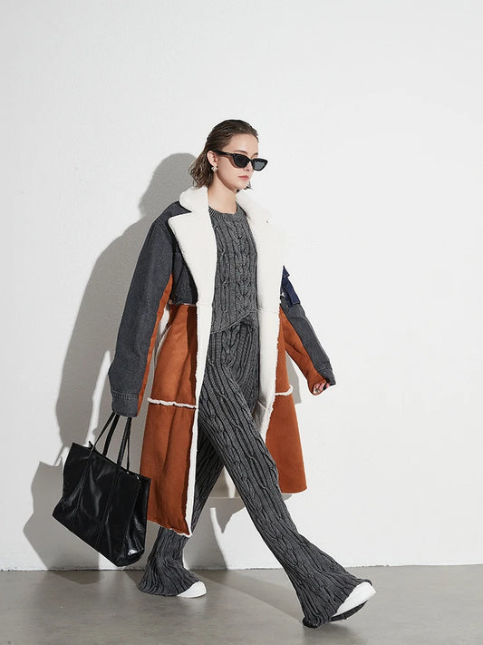 Colorblock Patchwork Fleece Lined Lace-Up Loose Women's Lapel Spliced Denim Trenchcoat