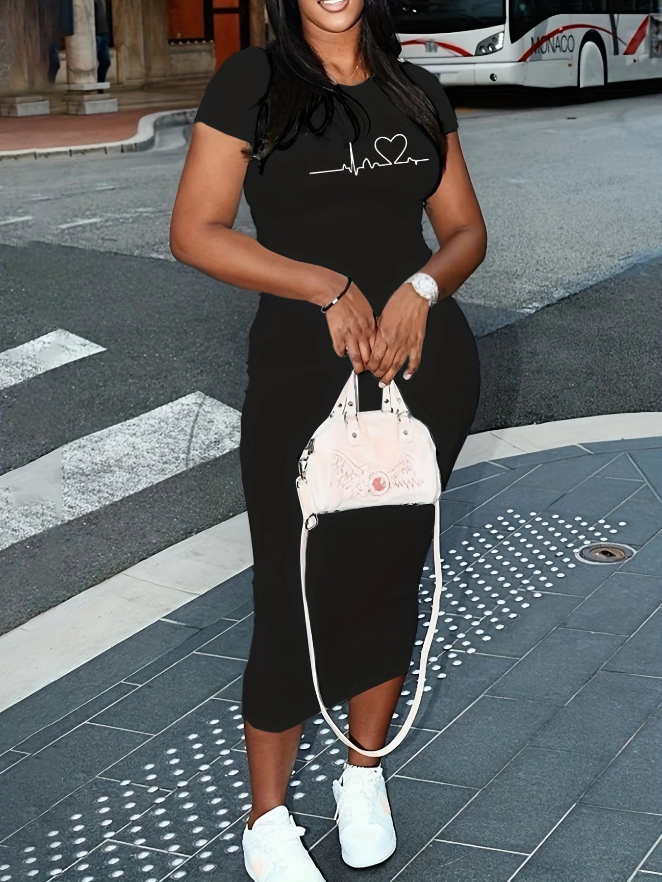 Heart/Bow/Solid Color Print Short Sleeve Round Neck Pullover Maxi T-Shirt Dress to 5X Plus Size