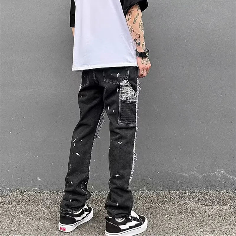 Men's Colorblock Streetwear Black Ripped Stacked Cargo Hip-Hop Jeans