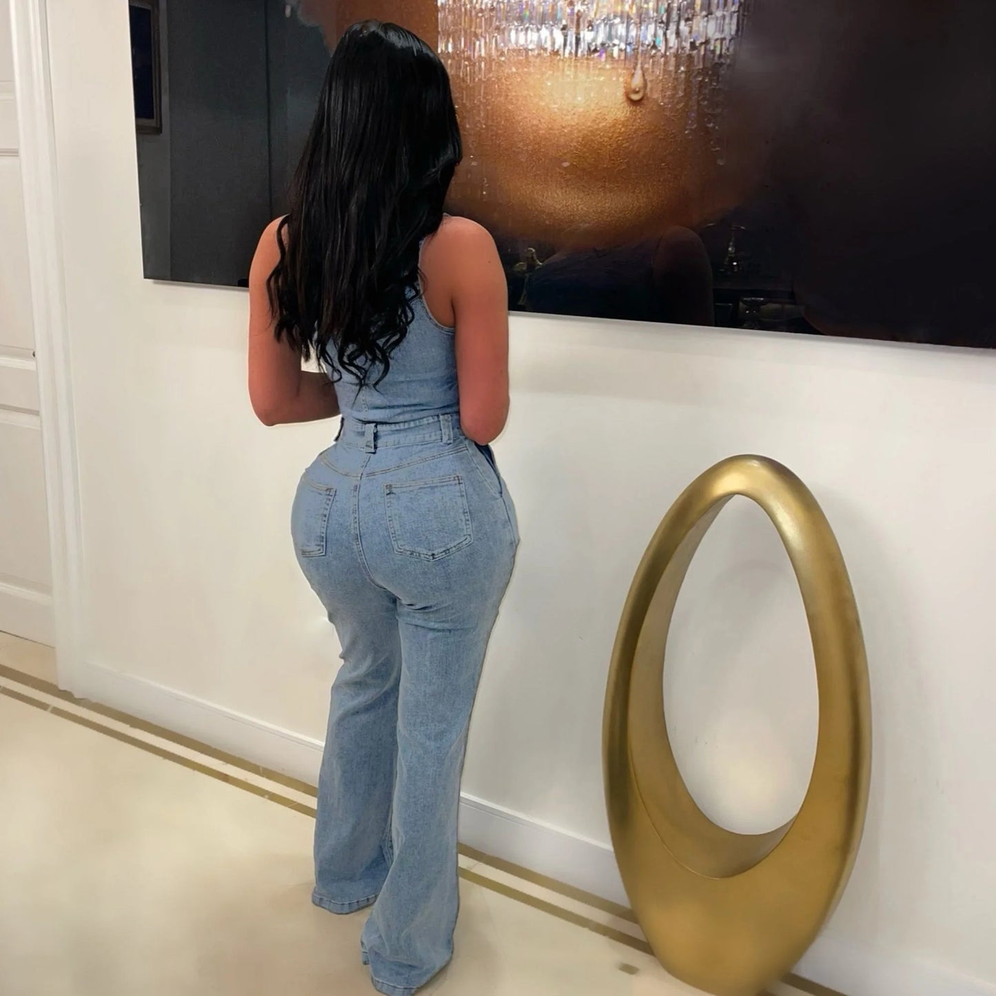 Denim Baby Blue Irregular Asymmetrical One Shoulder High Street Stretch Women's Jean Jumpsuit