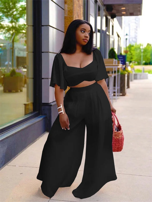 Solid Color Short Sleeve Deep V-Neck Crop Top + Wide Leg Elastic Waist Leggings 2-Piece Set to 3X Plus Size