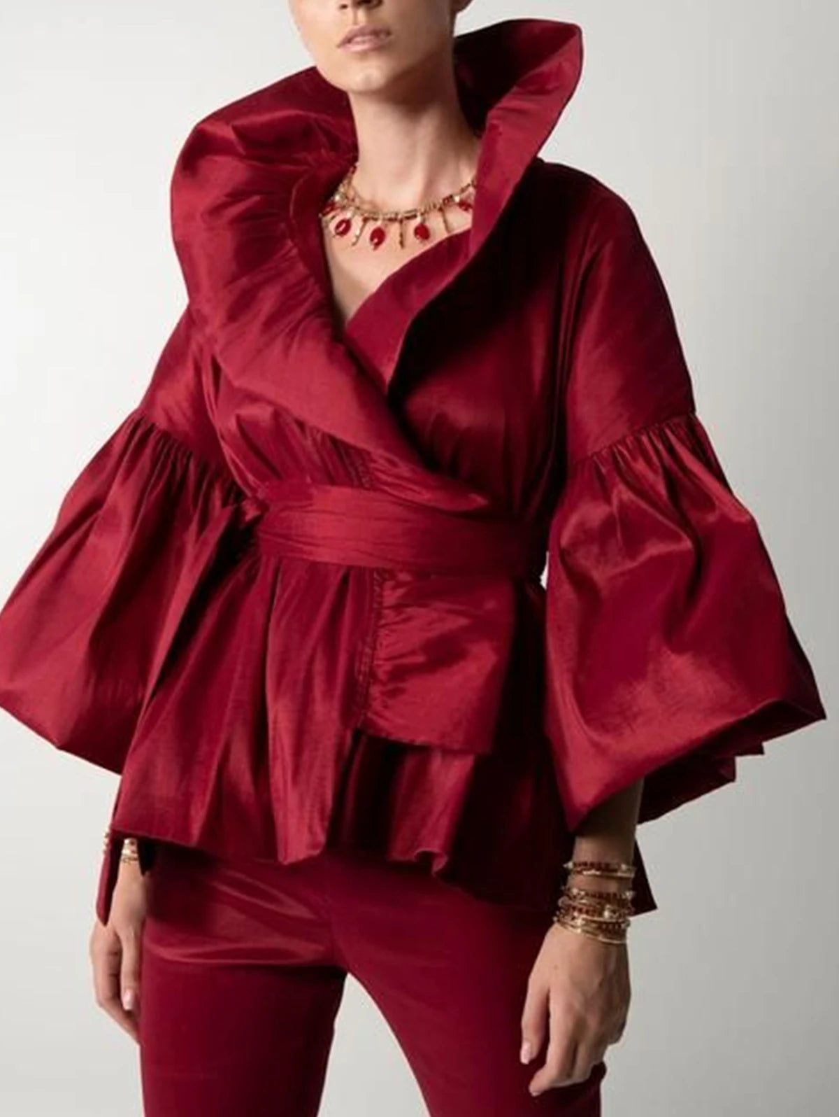 Oversized Puffed Balloon Long Sleeve Ruffled Solid Color Women's Wrap Blouse