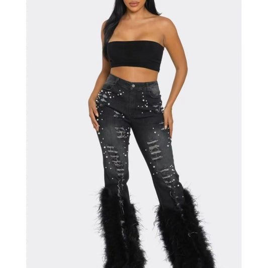 Denim Pearl Faux Fur Tassel Embroidered Ripped Women's Streetwear Flared Leg Jeans