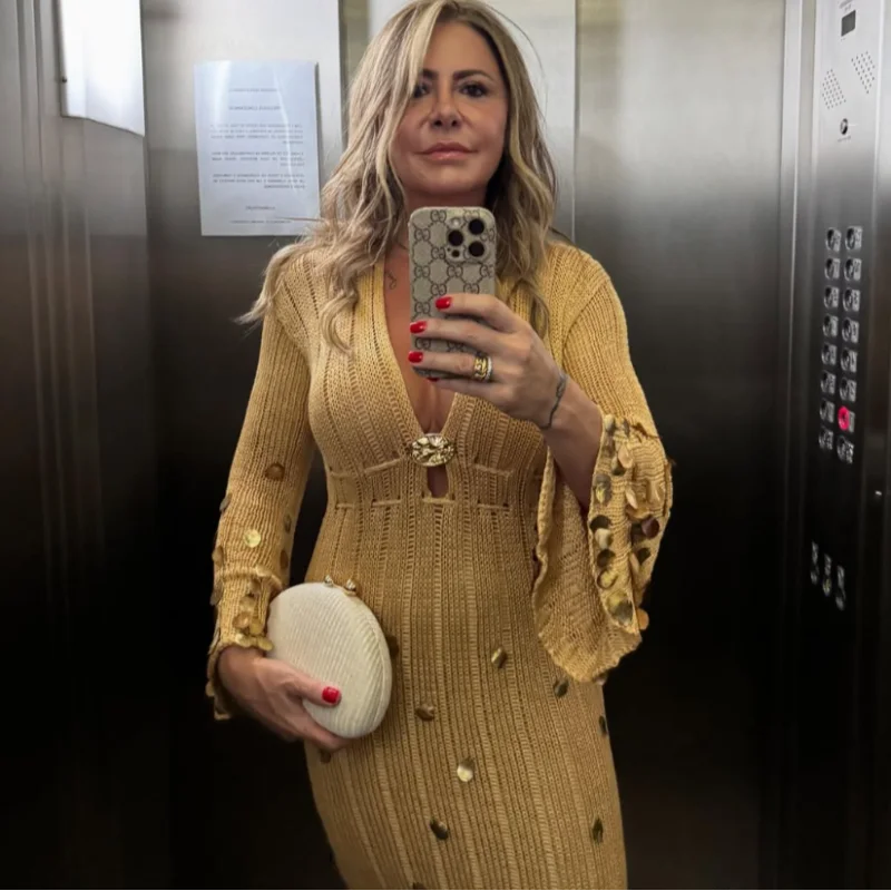 Shiny Gold Sequin Sheer Transparent Knitted Deep V-Neck Long Sleeve Lace-Up High Waist Maxi Dress