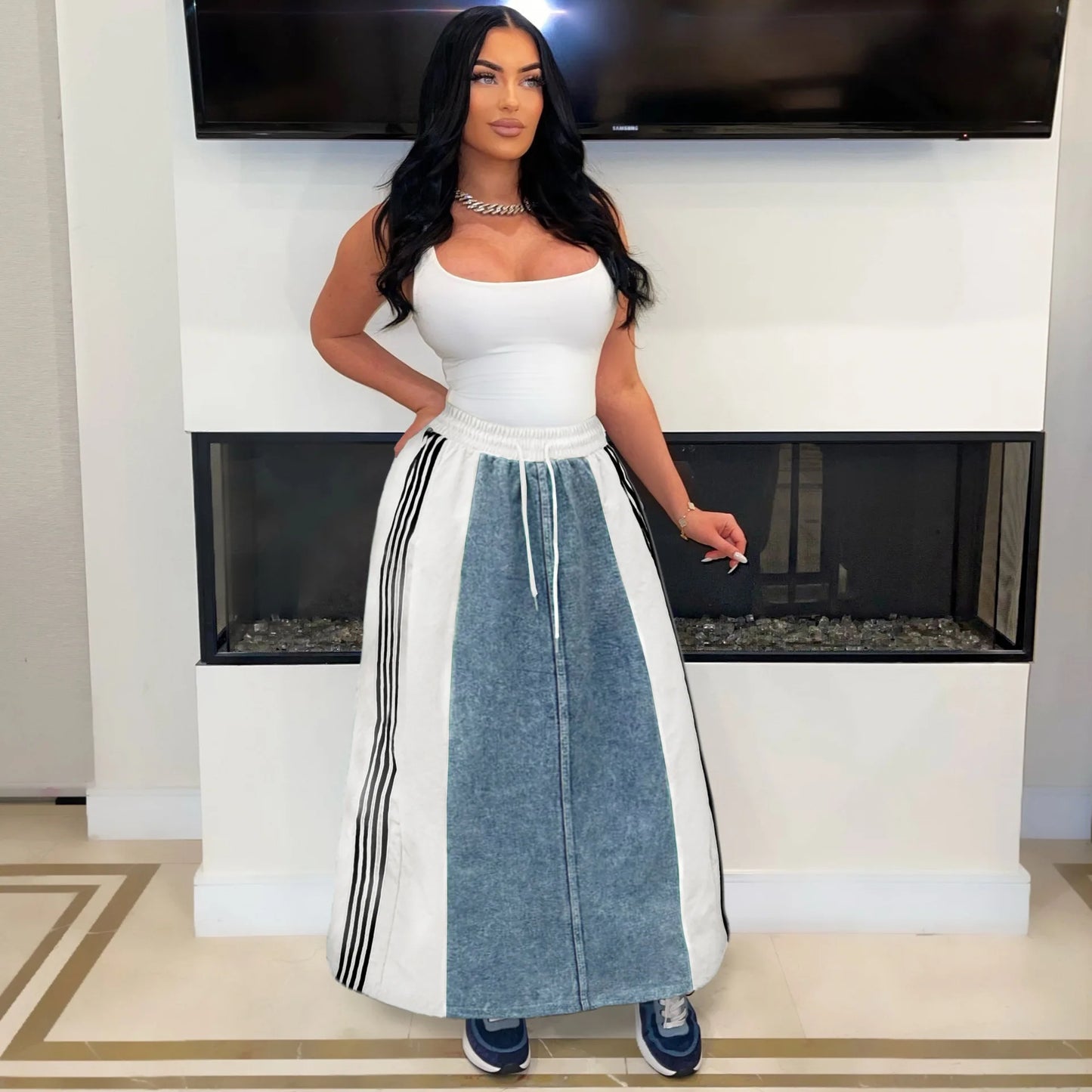 Denim Colorblock Patchwork Side Striped High Waist Streetwear Maxi Jean Skirt