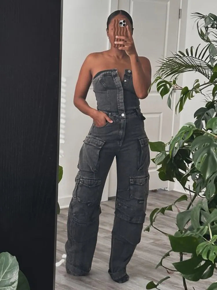 Faded Black Washed Denim Strapless Sleeveless High Waist Patchwork Cargo Pocket Tube Jean Jumpsuit