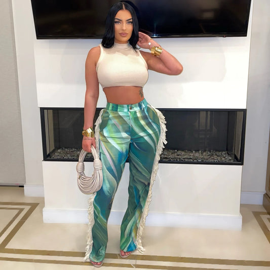 Tie-Dye/Swirl Pattern Women's Tassel Fringe Detail Button Fly Pants