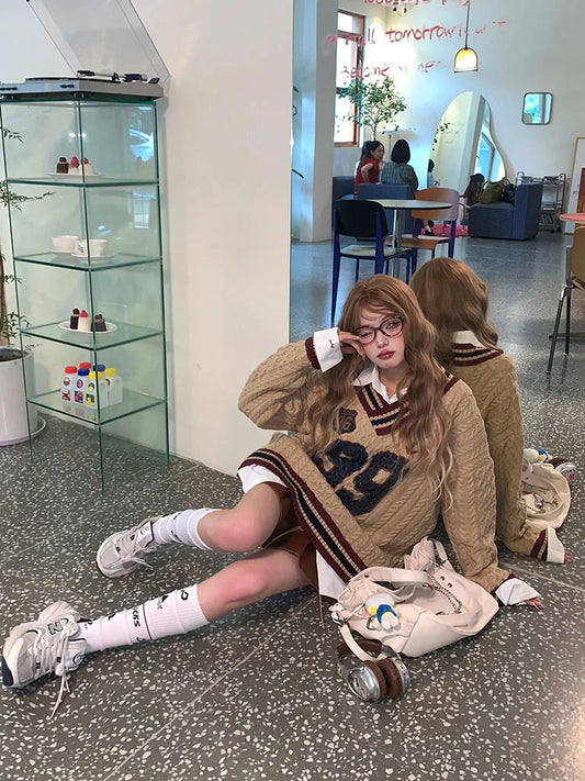 Oversized "99" Prep Letter Print Loose Women's V-Neck Sweater