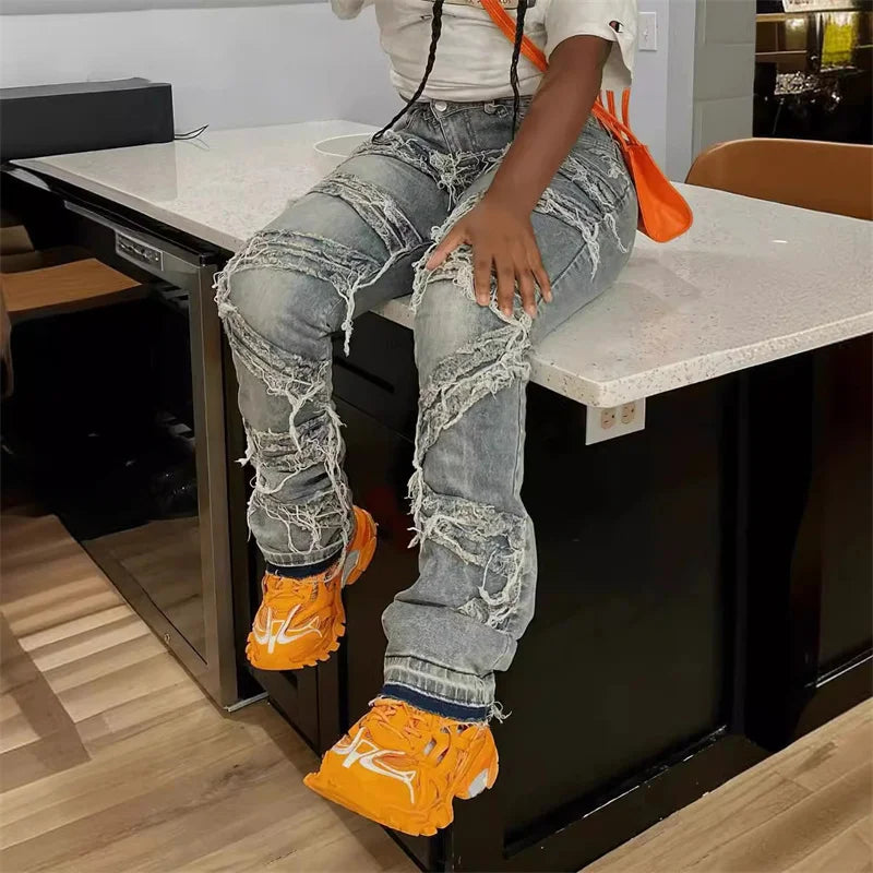 Denim Patchwork Women's Criss-Cross Ripped Fringe Tassel Design Streetwear Skinny Jeans