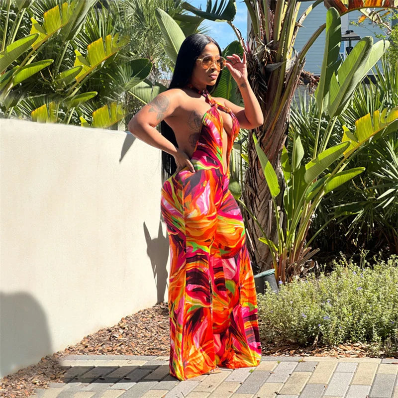 Tropical Tie-Dye Print Women's Halter Backless Sleeveless Deep V-Neck Loose Jumpsuit