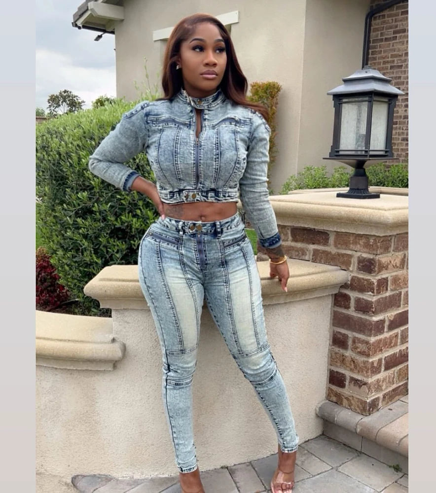 Denim Faded Washed Women's Vintage Cropped Stretch Motorcycle Jacket Jacket + Skinny Jeans 2-Piece Set