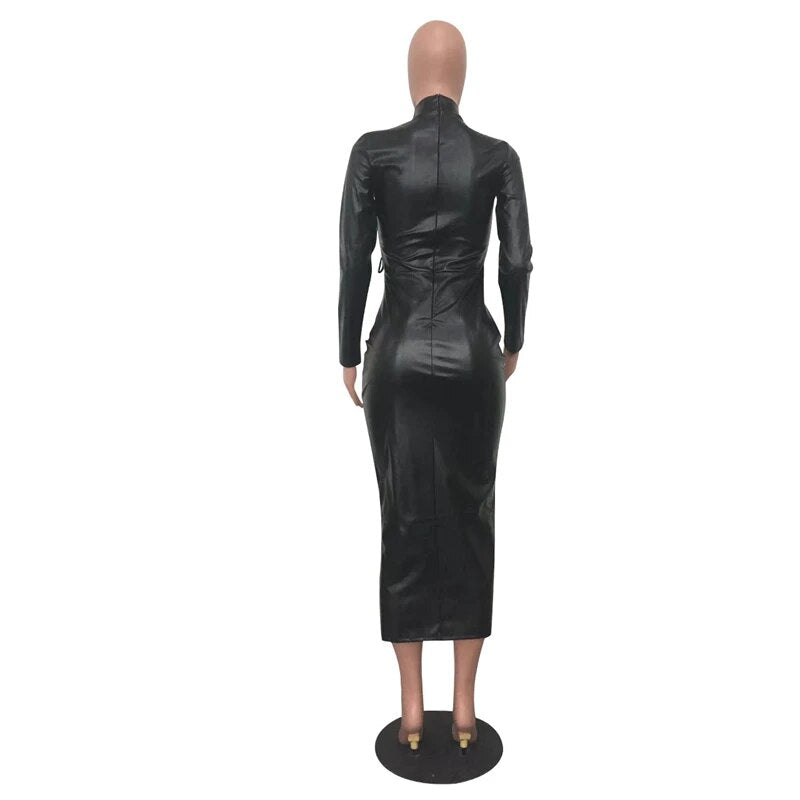 Black Criss-Cross Pattern Bandage PU Leather Hollow-Out Turtleneck Long Sleeve Bodycon Maxi Dress