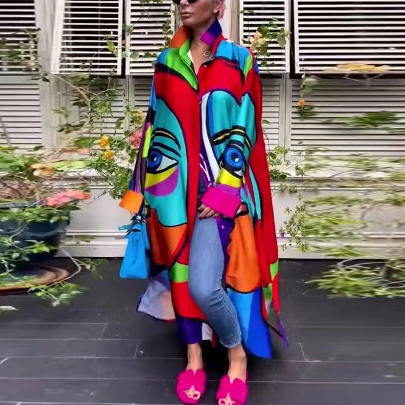 Abstract Print Oversized Loose Long Sleeved Patchwork Loose Streetwear Shirt Dress to 3X