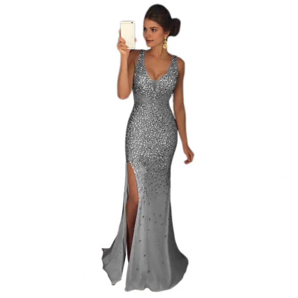 Sparkling Metallic Mesh Patchwork Sequin Sleeveless Split Hem Mermaid High Side Slit Maxi Formal Party/Prom Dress