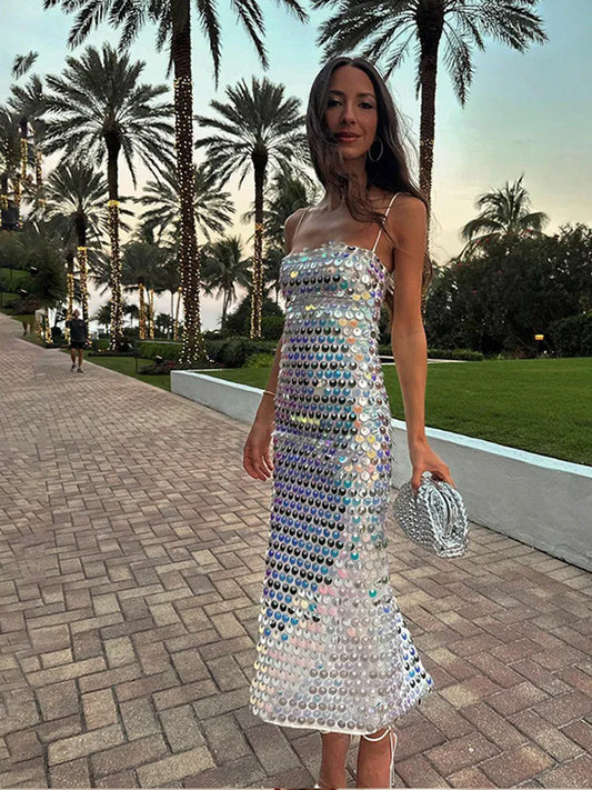 Sequined Metal Tube Top Spaghetti Strap Sleeveless Skinny Solid Color A-Line Formal Maxi Dress