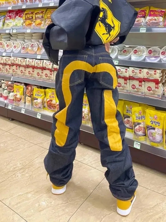 Colorblock Big M Print Hip-Hop Loose Straight Wide Leg Women's Jeans