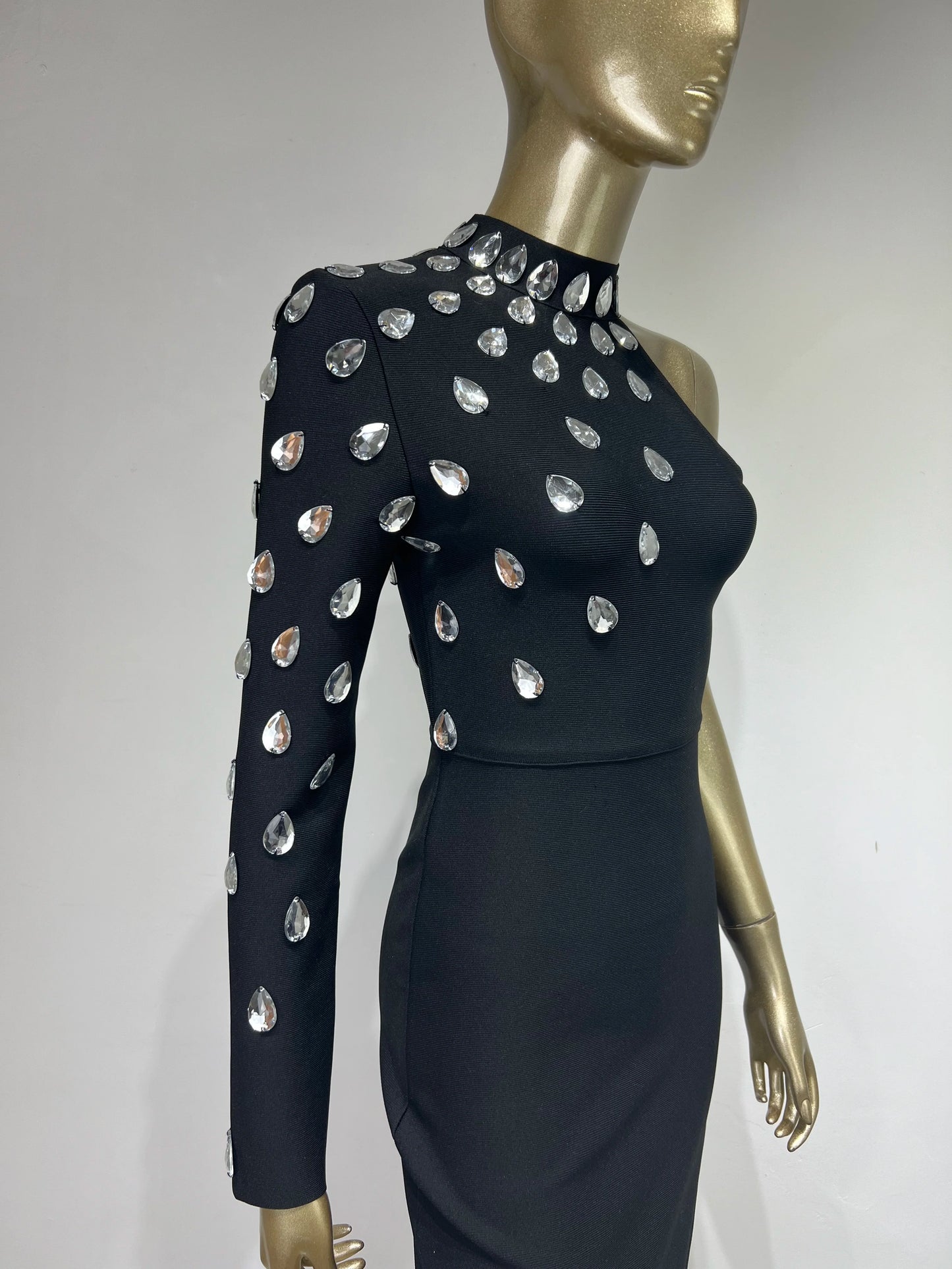 Asymmetrical Black One Sleeve Rhinestone Embellished Bodycon Bandage Evening Maxi Formal Party/Prom Dress