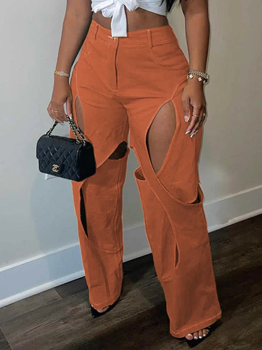 Colored Hollow-Out Patchwork High Waist Streetwear Wide Leg Ladies Pants