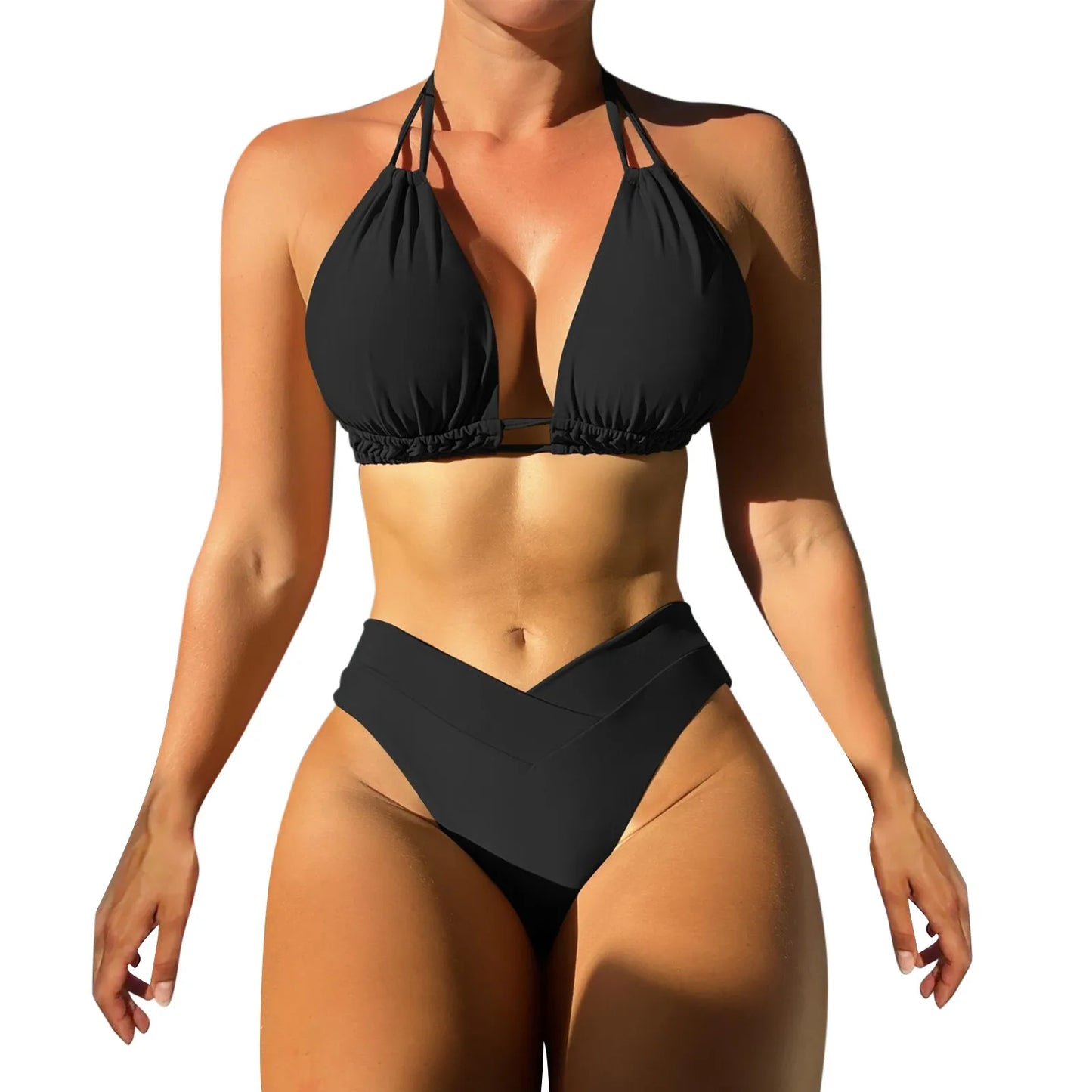 Mid-Waist Solid Color Deep V-Neck Wide Strap Bikini Swimsuit