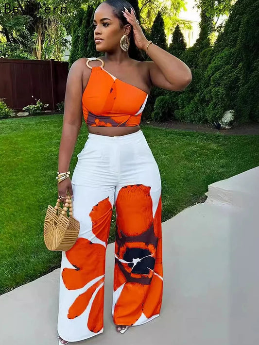 Big Flower Print One Shoulder Sleeveless Asymmetrical O-Ring Crop Top + Wide Leg Pants Women's 2-Piece Setp