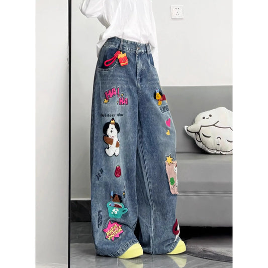 Cartoon Embroidered Hip-Hop Streetwear Women's Wide Leg Jeans