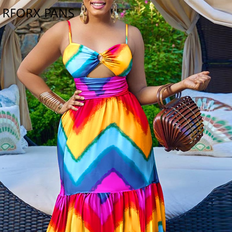Rainbow Striped Colorblock Spaghetti Strap Hollow-Out Ruffled Hem Maxi Dress