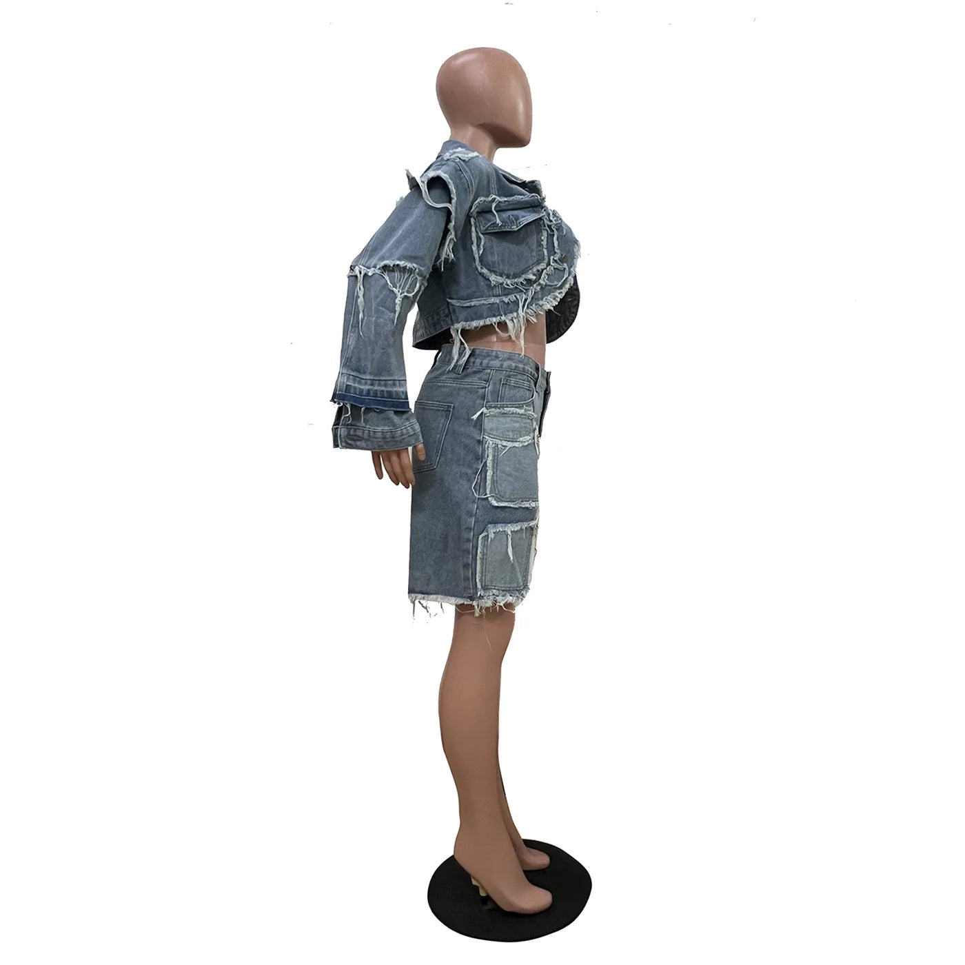 Denim Turn-Down Collar Cropped Jean Jacket + Ripped Colorblock Knee Length Shorts Women's 2-Piece Set