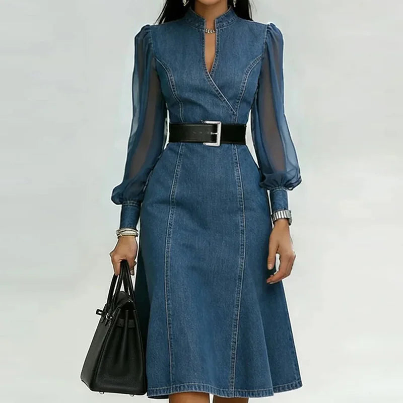 Denim Transparent Sheer Long Lantern Sleeve V-Neck Belted Midi Jean Dress