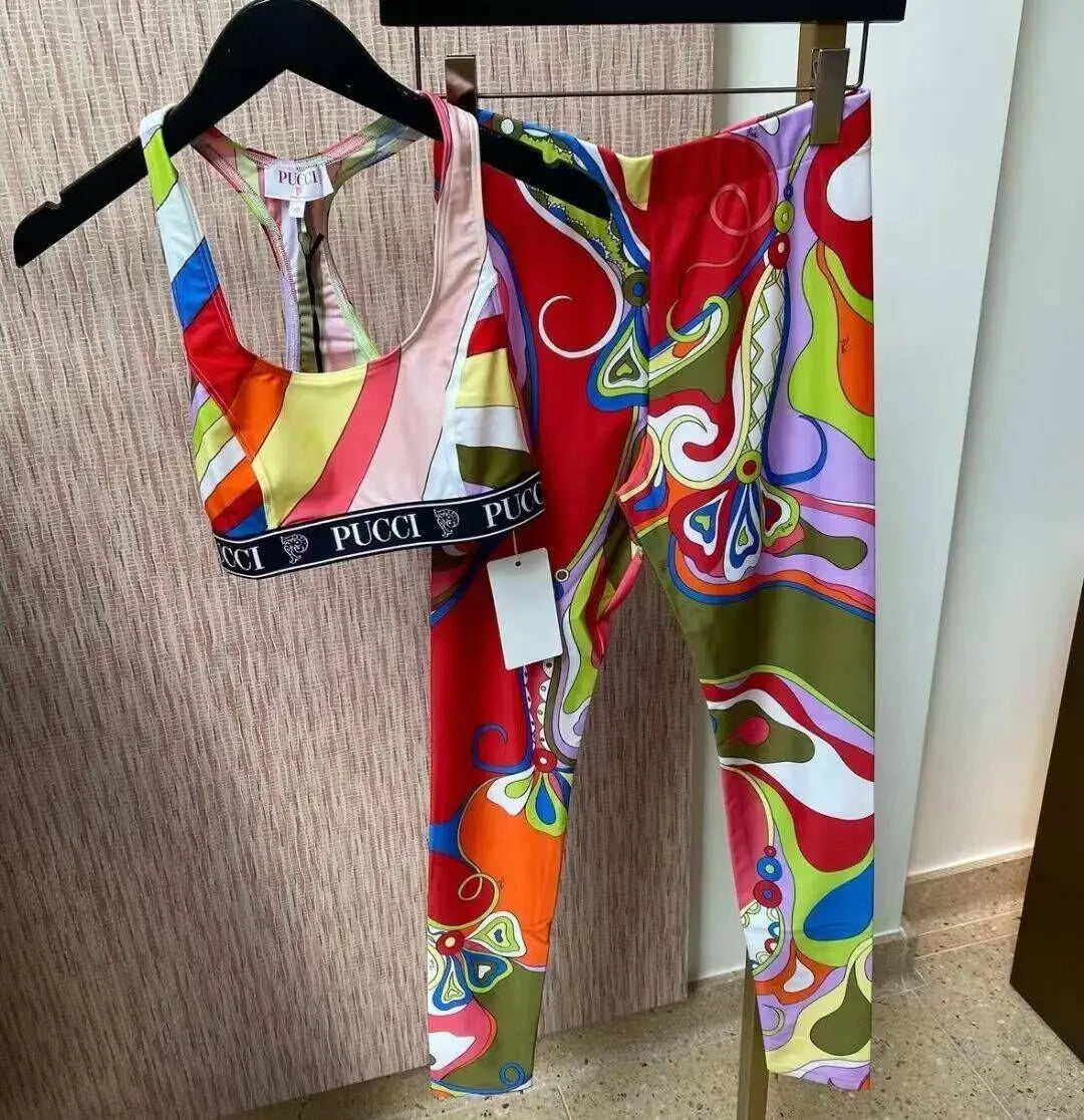 Sleeveless Geometric Multi-Colored Sports Bra + Spandex Leggings 2-Piece Athleseuire Set