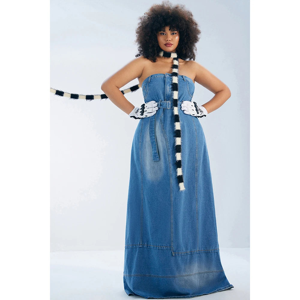Denim Blue Washed Tube Design Off-the-Shoulder Retro Solid Color Belted Maxi Jean Dress to 4X Plus Size