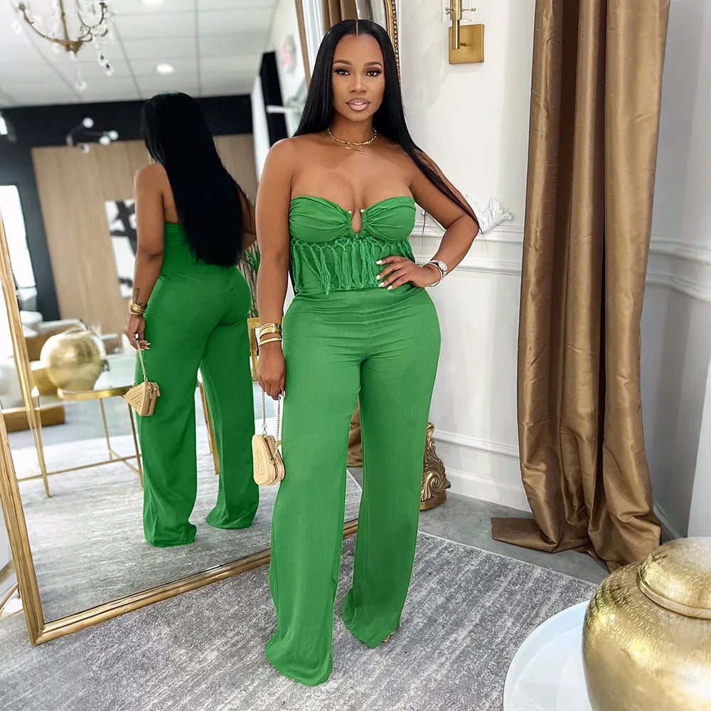 Tassel Fringe Design Strapless Sleeveless Tube Top Solid Color Women's Jumpsuit
