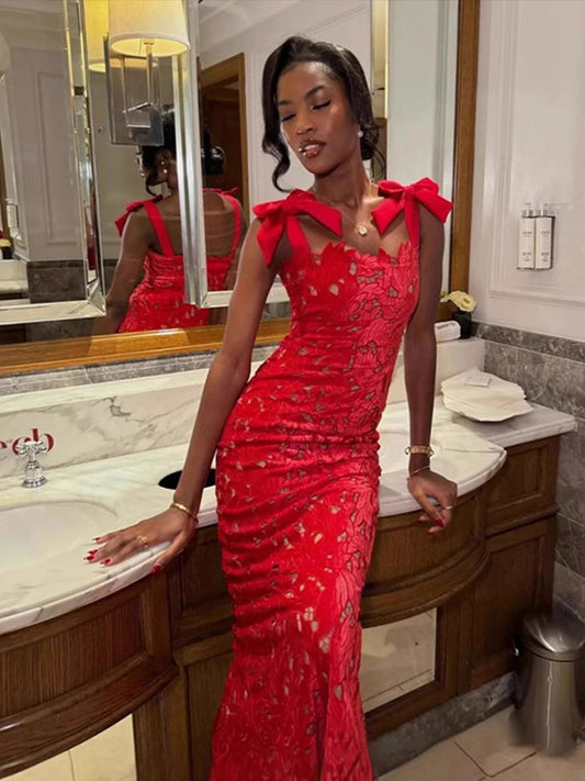 Lace Bowknot Strap Sleeveless Backless Hollow-Out Formal Maxi Party Dress