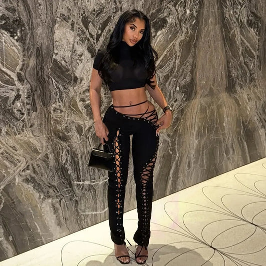 Sexy Women's Sleeveless Crop Tank Top + Criss-Cross Lace-Up Hollow-Out Bandage Leggings 2-Piece Set