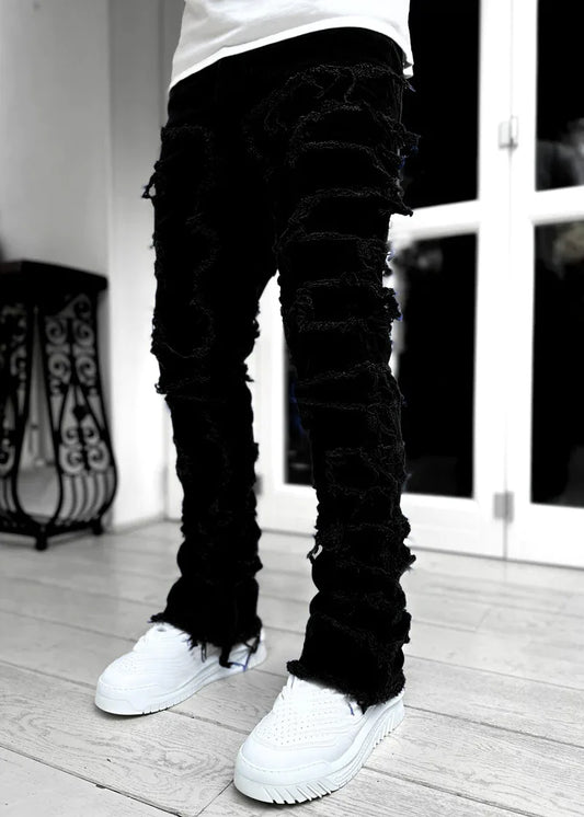 Men's Denim Fringe Ripped Hip-Hop Stretch Stacked Elastic Waist Straight Patchwork Jeans