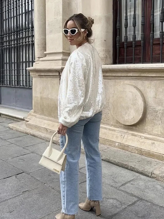 Sequin Metallic Women's Long Sleeve Bomber Jacket