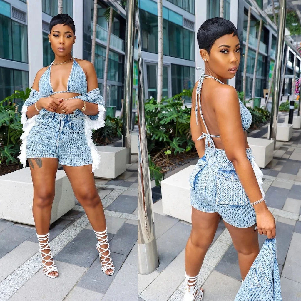 Denim Women's Tassel Fringe Cropped Jacket, Bra + Jean Shorts 3-Piece Set